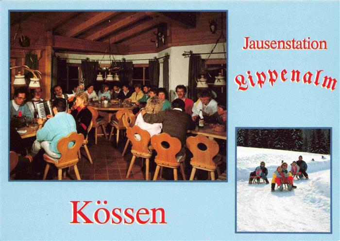 Koessen Tirol AT Jausenstation Lippenalm Gastraum Schlittenfahren