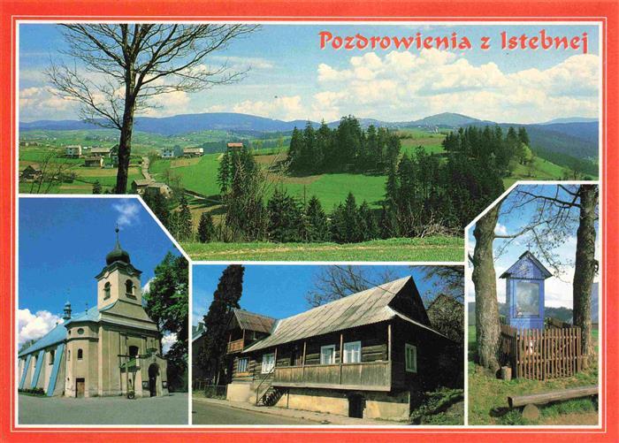 Istebna PL Panorama z okolic Istebnej Kosciol Drewniana chata Kapliczka na Skale