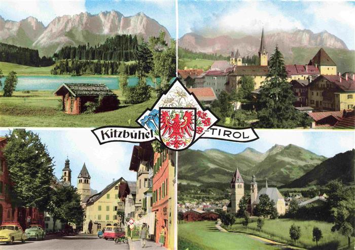 Kitzbuehel Tirol AT Schwarzsee mit Kaisergebirge Kitzbuehel Hauptstrasse Panoram