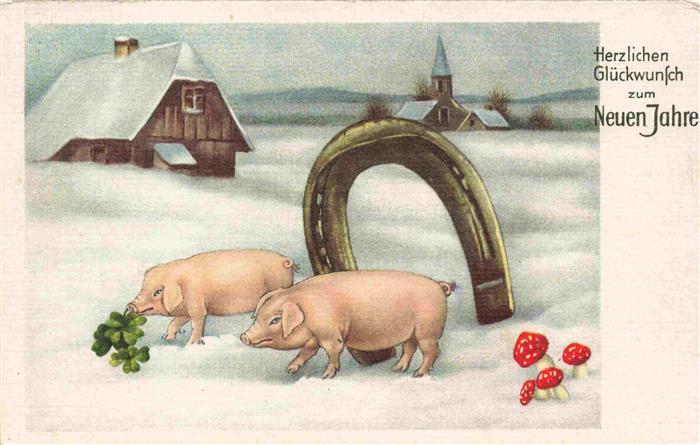 Neujahr Annee New Year Kleeblatt Schweine Hufeisen