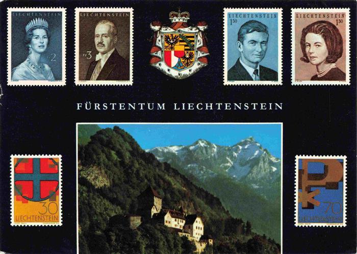 Briefmarken auf AK Timbres Postage Francobollo-- Fuerstentum Liechtenstein