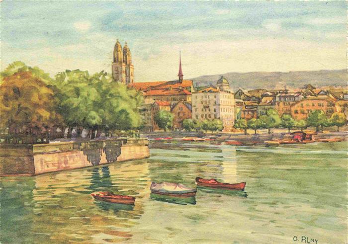 Pilny O. Kuenstlerkarte Zuerich Grossmuenster Bauschaenzli
