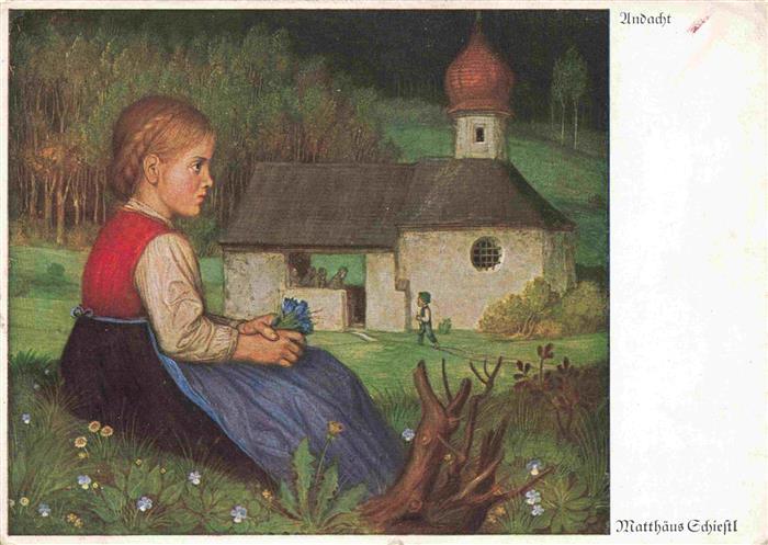 SCHIESTL Matthias Kuenstlerkarte Undacht Maedchen Wiese Kirche