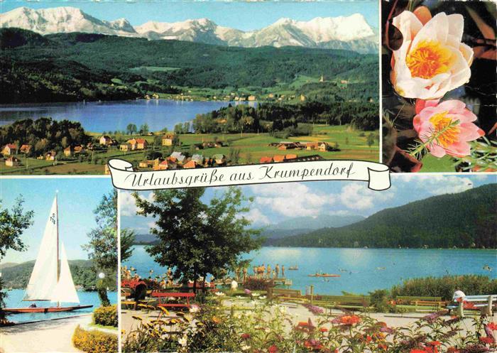 Krumpendorf Woerthersee AT Panorama Blick gegen die Alpen Strandpromenade Blumen