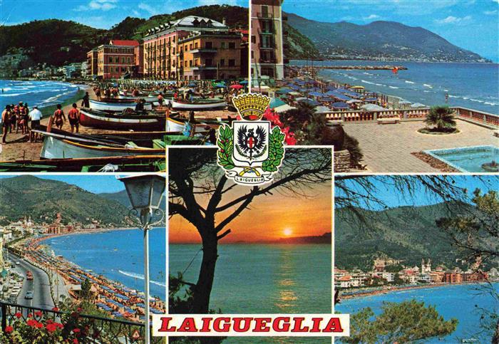 Laigueglia Savona IT Strand Kuestenpanorama Sonnenuntergang am Meer