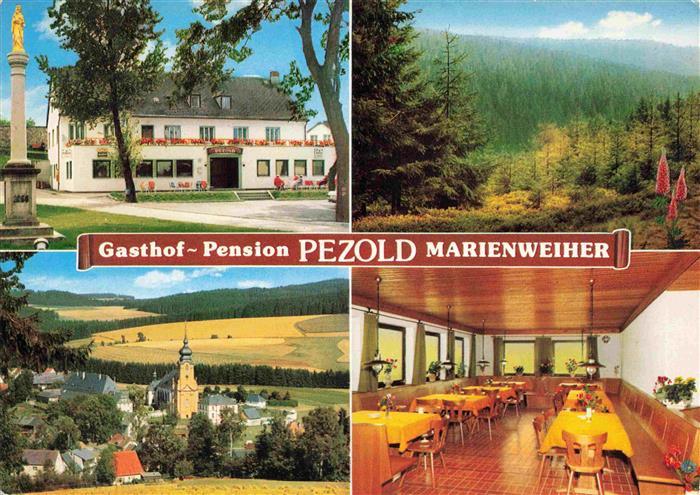 Marienweiher Gasthof Pension Pezold Blick zur Kirche Landschaft