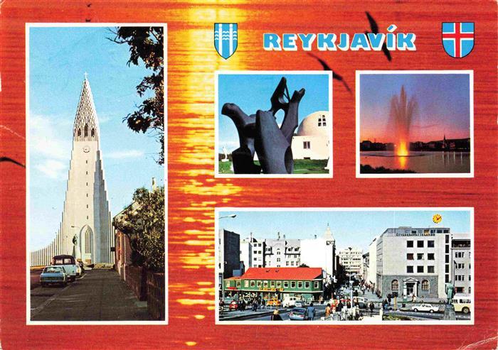 Reykjavík Iceland Teilansichten Kirche Stadtzentrum Skulptur Wasserspiele Fontae