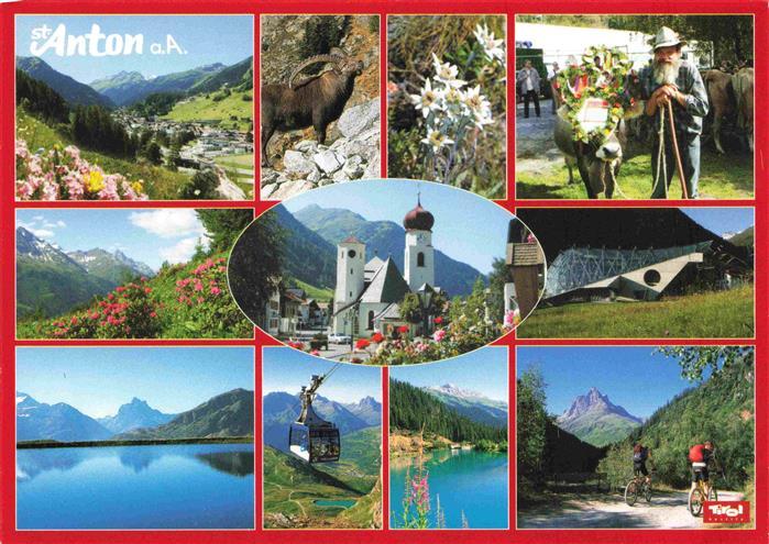 St Anton Arlberg Tirol AT Panorama Bergwiesen Stausee Bergbahn Kirche Bergbauer