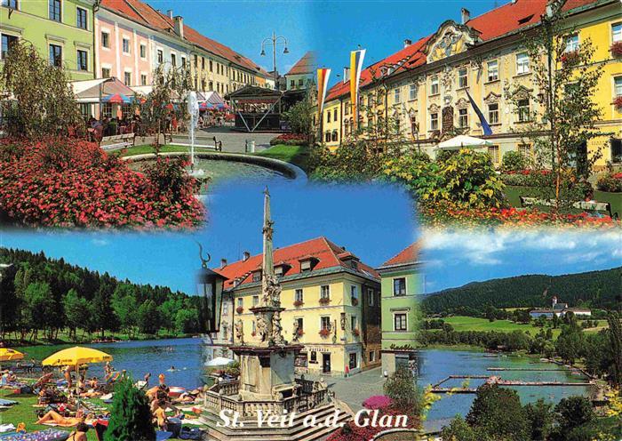 St Veit Glan Kaernten AT Hauptplatz Rathaus Laengsee Pestsaeule St. Georgen