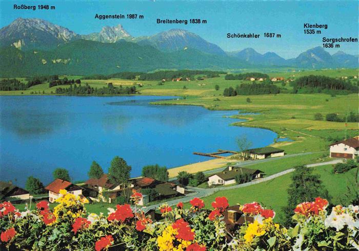 Hopfen See Fuessen Bayern Fliegeraufnahme mit Rossberg Aggenstein Breitenberg