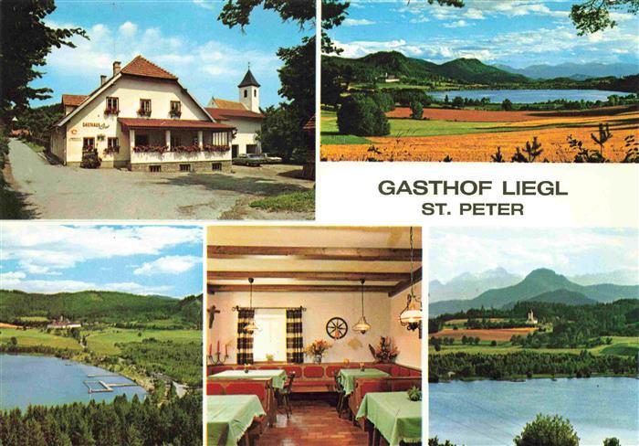 St Georgen Laengsee Kaernten AT Gasthof Liegl Gastraum Seepanorama St Peter Tagg