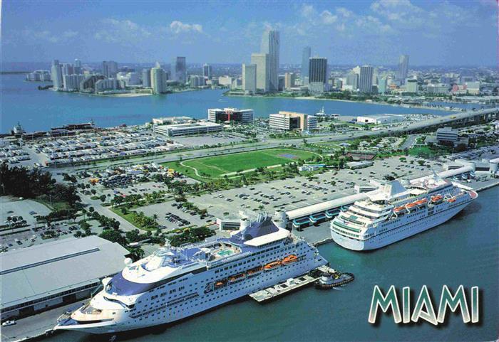 Miami Florida Cruise ships Downtown Miami and Bayside aerial view