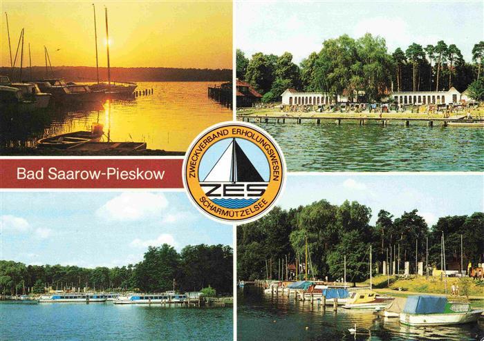 Pieskow Bad Saarow Sonnenuntergang am Scharmuetzelsee Seebad Schiffsanlegestelle