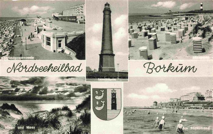 Borkum Nordseebad Strandpromenade Duenen und Meer Badestrand Leuchtturm