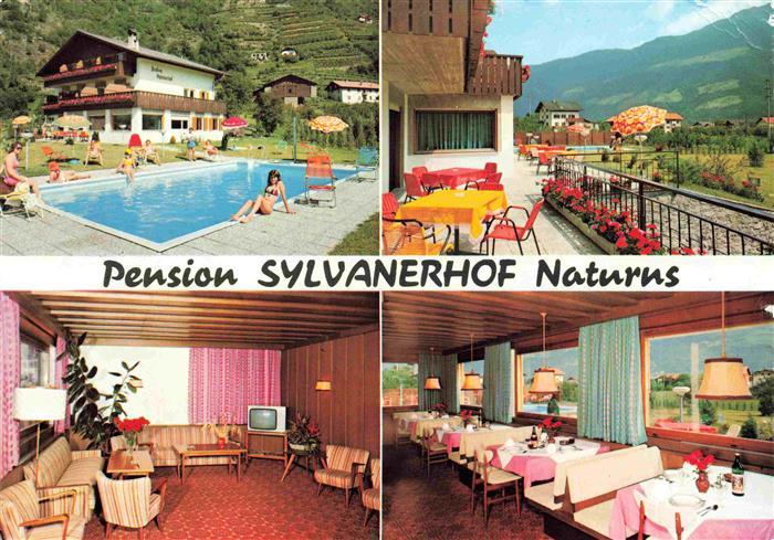 Naturns Naturno Suedtirol IT Pension Sylvanerhof Gastraum Terrasse Swimming Pool
