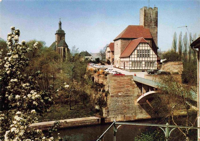 Lauffen Neckar Heilbronn BW Neckarpartie mit Kirche und Burg