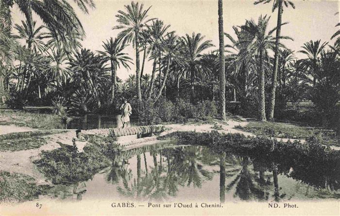 Gabes Tunesie Chenini Pont Oued Palmen Oase Spiegelung Mann