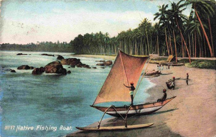 COLOMBO Ceylon Sri Lanka Native-Fishing-Boat Auslegerkanu Fischer Strand Palmen