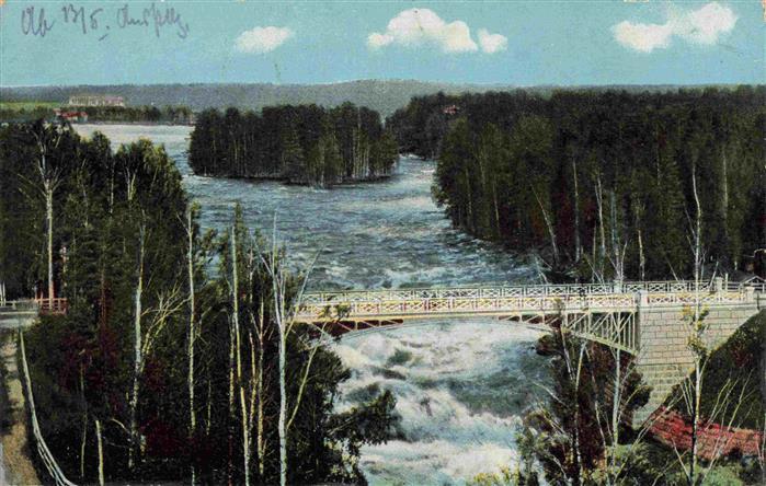 Imatra Suomi Imatrankoski Wasserfall Bruecke Fluss Wald handkoloriert