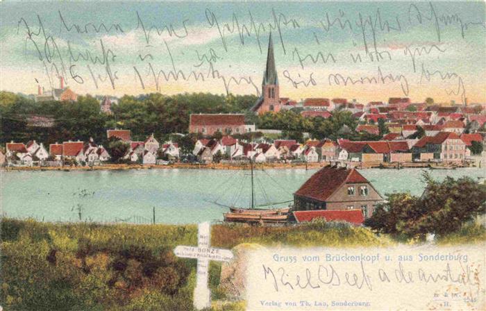 Sonderborg DK Brueckenkopf Stadtpanorama Kirche Hafen Segelboot Handkoloriert