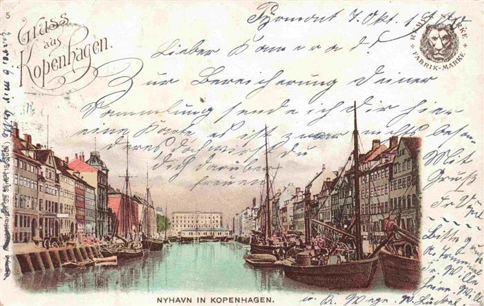 Nyhavn Kopenhagen Kjoebenhavn DK Nyhavn Kanal Segelschiffe Haeuser Hafen Lithogr