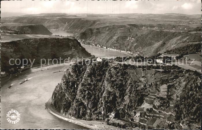Loreley Lorelei mit Blick auf St Goarshausen und Rhein Fliegeraufnahme