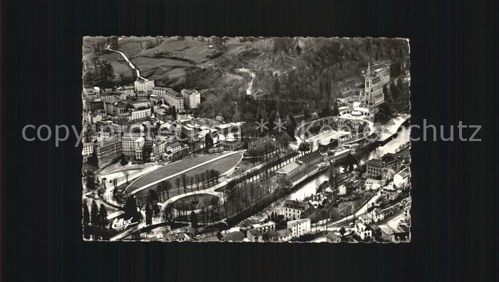 Lourdes Hautes Pyrenees Vue aerienne sur les Basiliques et le Gare