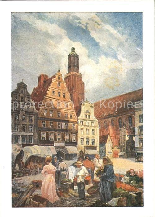 Breslau Niederschlesien Ring mit Elisabethkirche Kuenstlerkarte