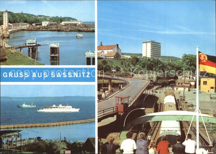 Sassnitz Ostseebad Ruegen Blick zum Fischerreihafen Motorschiff Sassnitz