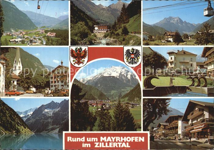 Mayrhofen Zillertal Panorama Hotel Seilbahn Dorfmotive Brunnen