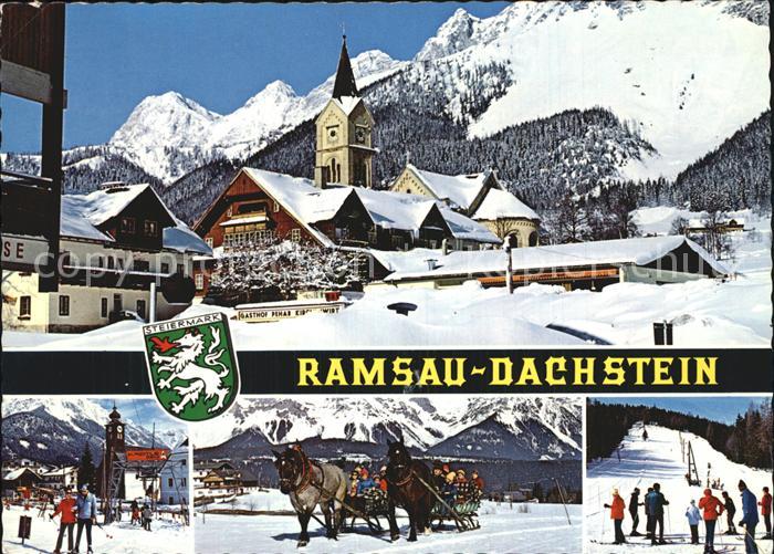 Ramsau Dachstein Steiermark Teilansicht Kirche Skipisten Pferdeschlitten