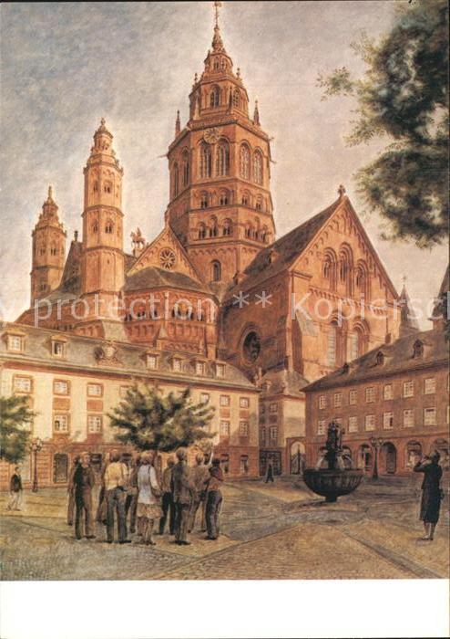 Mainz Rhein St Martins Dom vom Leichhof mit Brunnen Kuenstlerkarte