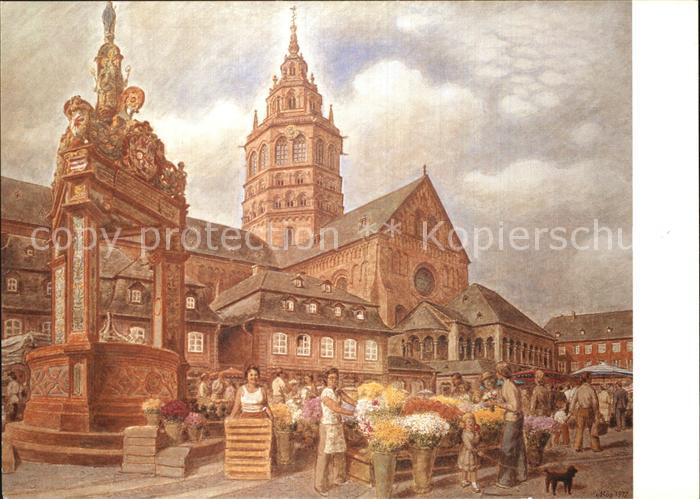 Mainz Rhein Wochenmarkt auf den neuen Domplaetzen St Martins Dom Marktbrunnen