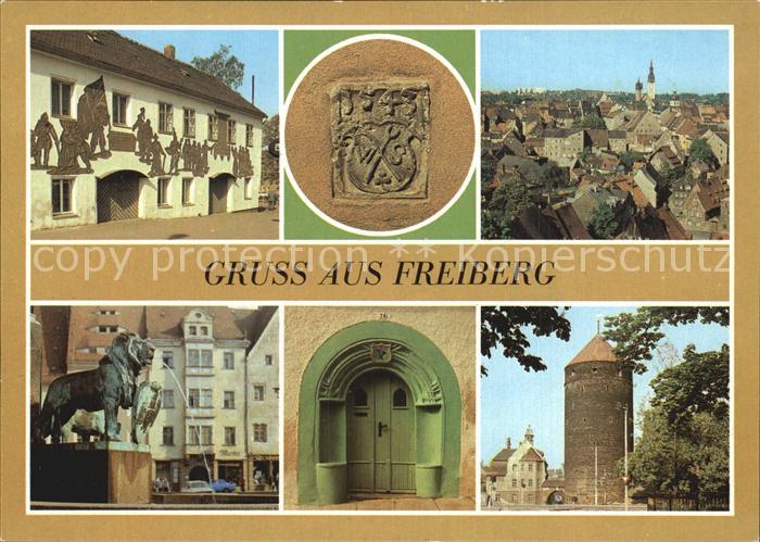 Freiberg Sachsen Donatsturm Loewe mit Stadtwappen Brunnen Otto der Reiche Kessel