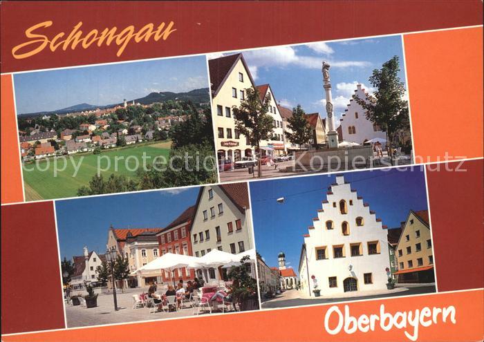 Schongau Teilansicht Markt Brunnen Strassencafe Rathaus