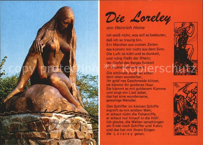 Loreley Lorelei die Plastik bei St. Goarshausen mit Gedicht von Heinrich Heine