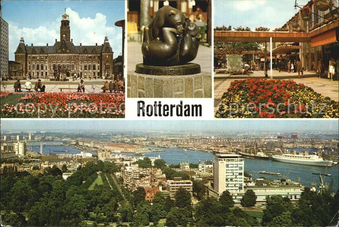 Rotterdam Stadhuisplein Rathaus Skulptur Fussgaengerzone Stadtbild mit Hafen