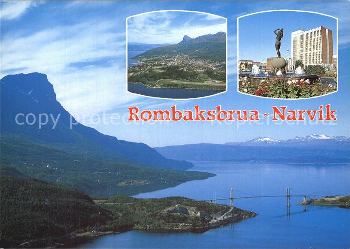 Narvik Rombaksbrua Haengebruecke Fliegeraufnahme Brunnen Statue