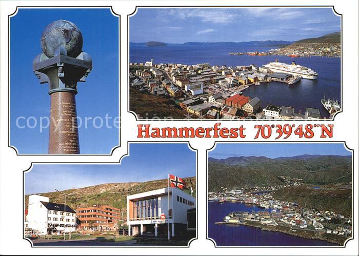 Hammerfest Meridianstein Panorama Blick ueber den Hafen