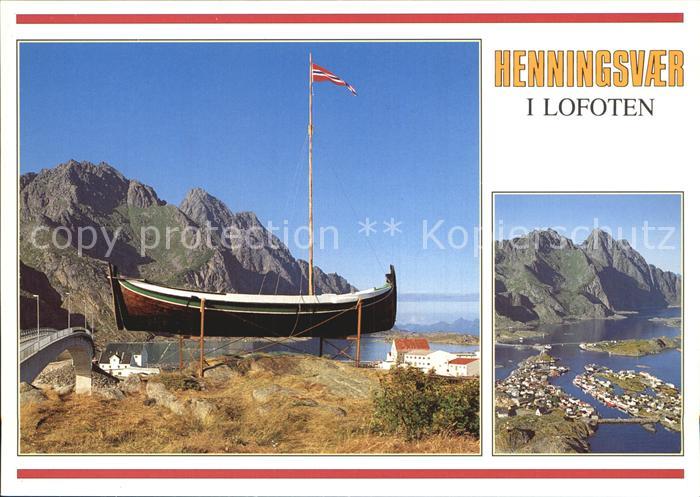 Henningsvaer Boot Flagge Bruecke Berge Fliegeraufnahme