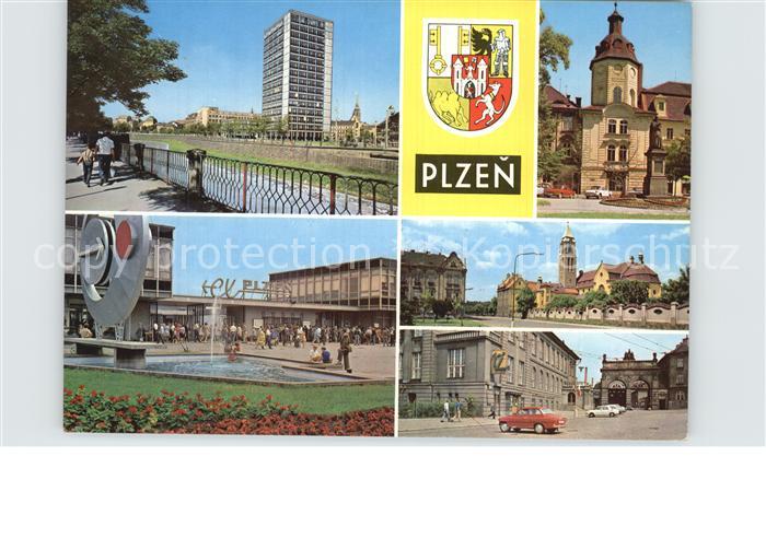Plzen Pilsen Hochhaus Kirche Platz Wasserspiele Wappen