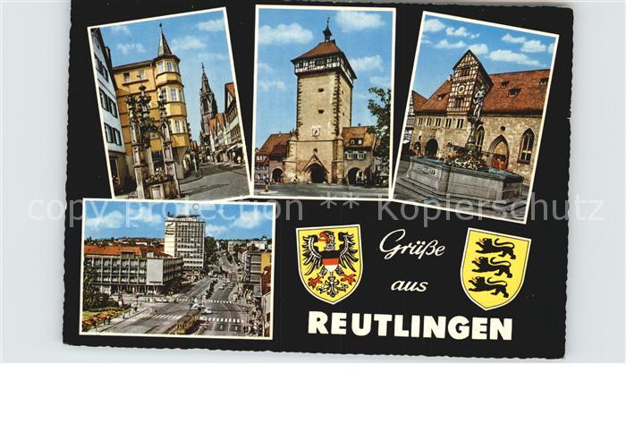 Reutlingen BW Teilansichten Altstadt Turm Brunnen Hochhaus Wappen