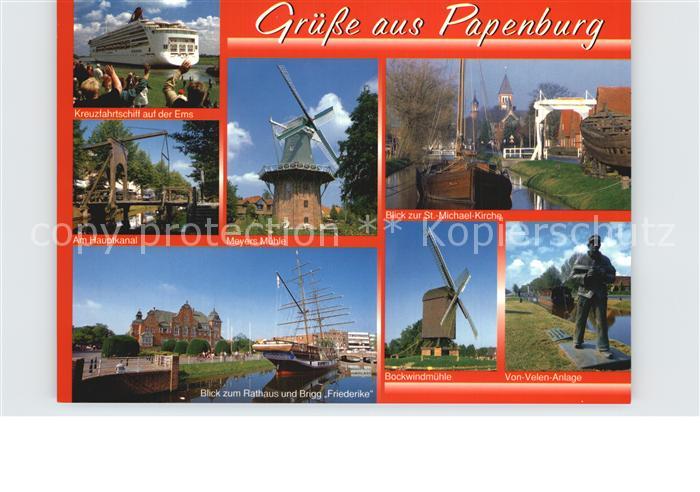 Papenburg Ems Kreuzfahrtschiff Ems Kanal Bruecke Windmuehle Kirche Von Velen Anl