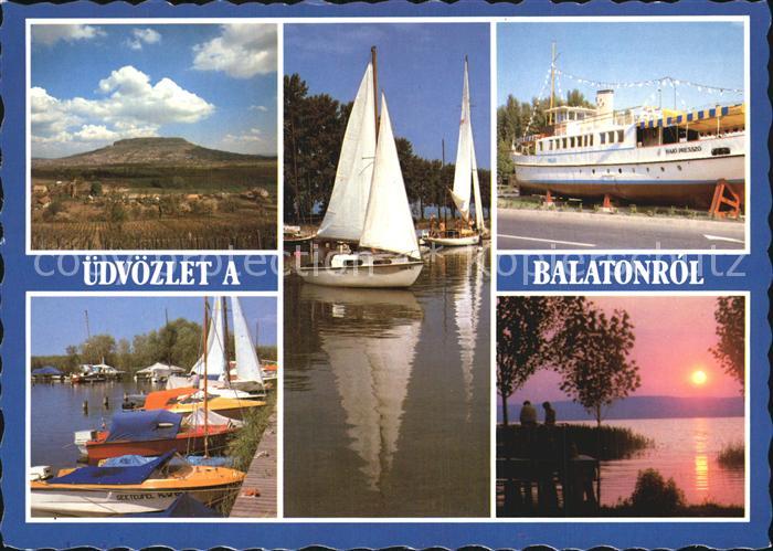 Balaton Plattensee Landschaftspanorama Hafen Segelboote Faehre Sonnenuntergang