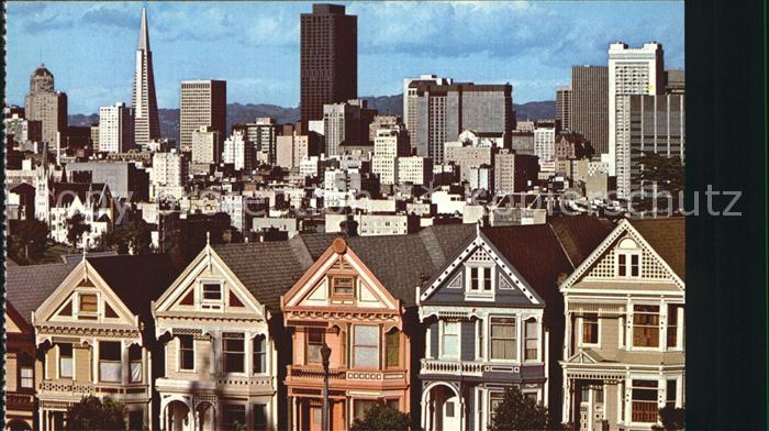 San Francisco California Quaint Victorian Homes with Skyline