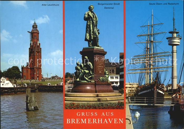 Bremerhaven Leuchtturm Smidt-Denkmal Radarturm und Seute Deern Segelschiff