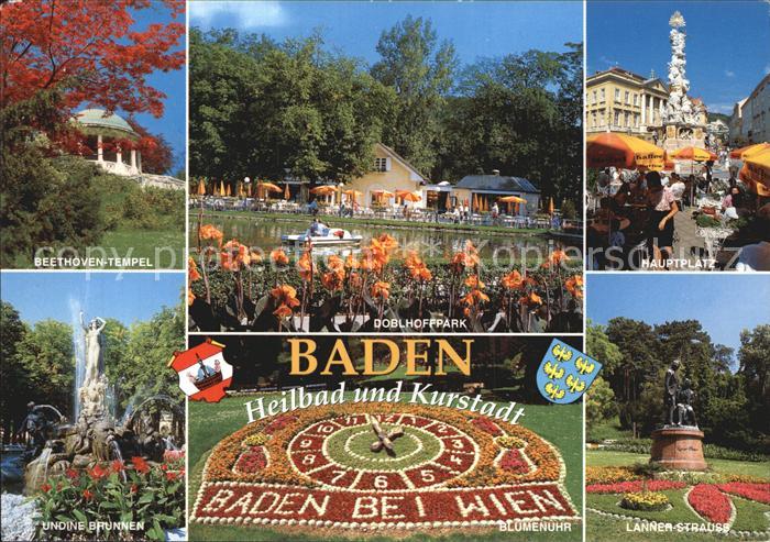 Baden Wien Beethoven Tempel Doblhoffpark Hauptplatz Undine Brunnen Blumenuhr Lan