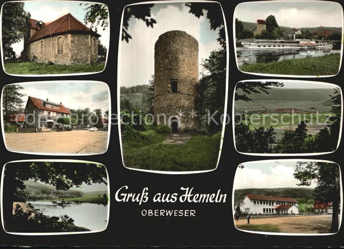 Hemeln Kirche Burgturm Fahrgastschiff Weserpartie Panorama