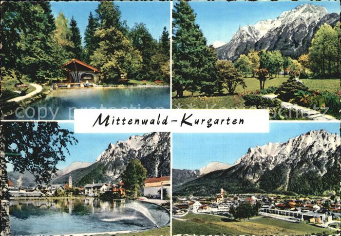 Mittenwald Bayern Kurgarten Schwanenteich Fontaene Panorama