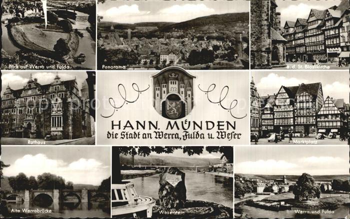 Hann. Muenden Werra und Fulda Panorama Blasikirche Rathaus Marktplatz Alte Werra
